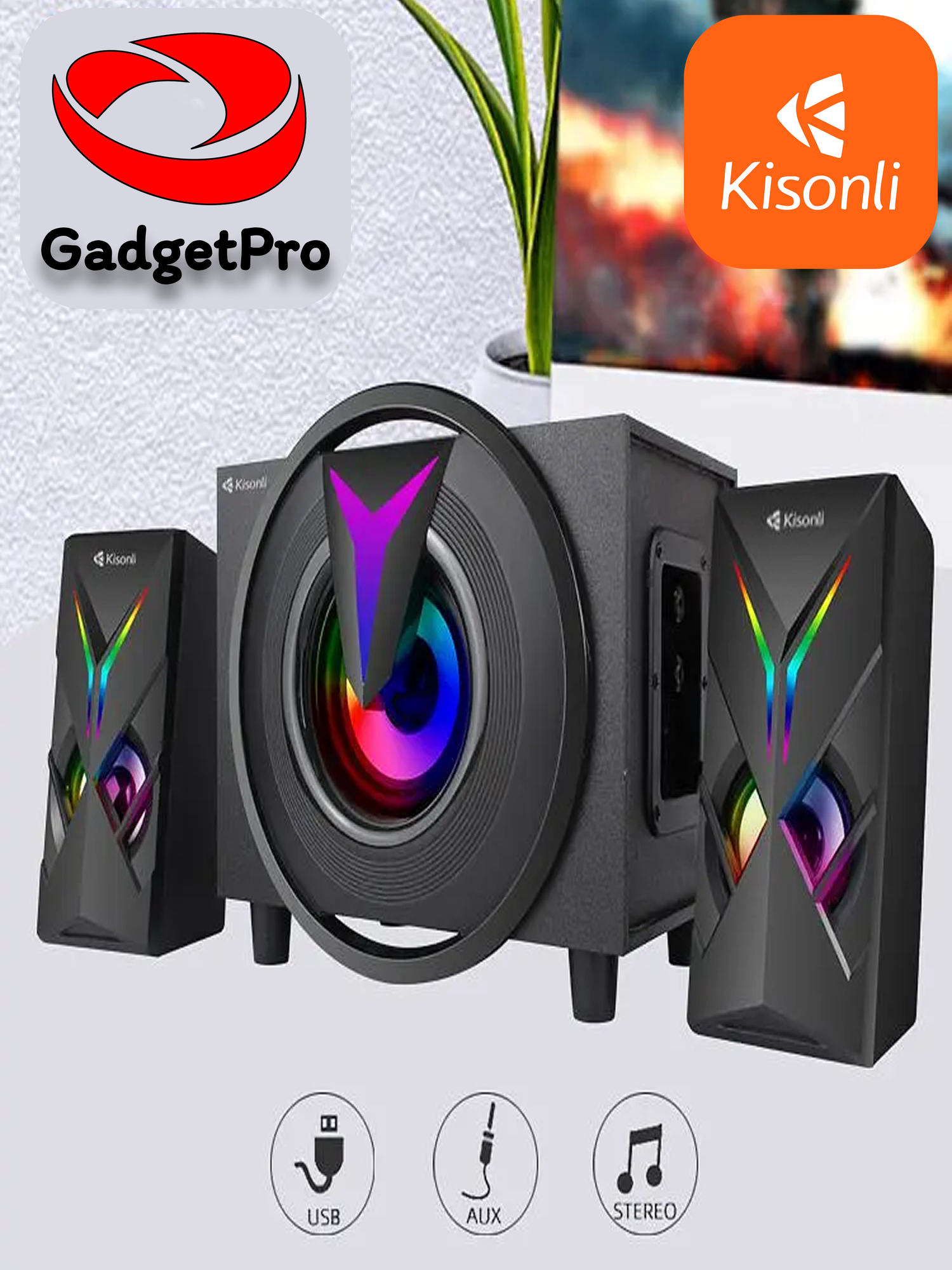 Акустика Kisonli TM-1000U с RGB подсветкой, Bluetooth, FM радио, черная