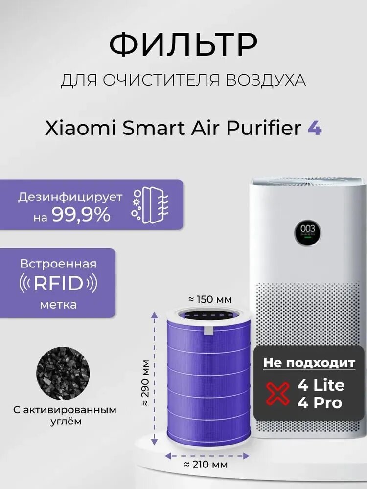 Фильтр для очистителя Xiaomi Air Purifier 4, антибактериальный, угольный, фиолетовый