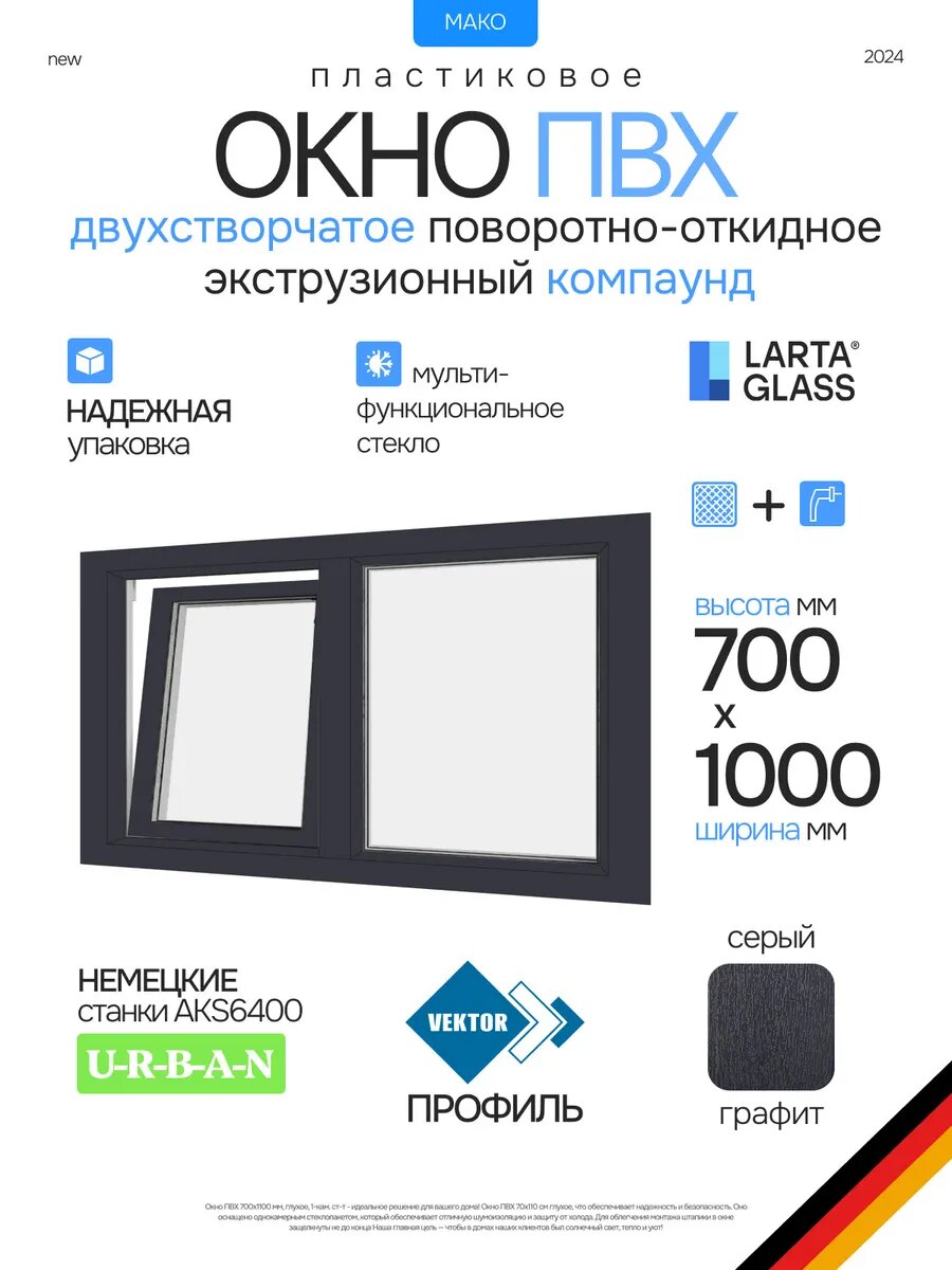 Окно пластиковое ПВХ 70 х 100 см двухстворчатое правое открывание серое однокамерный энергосберегающий стеклопакет