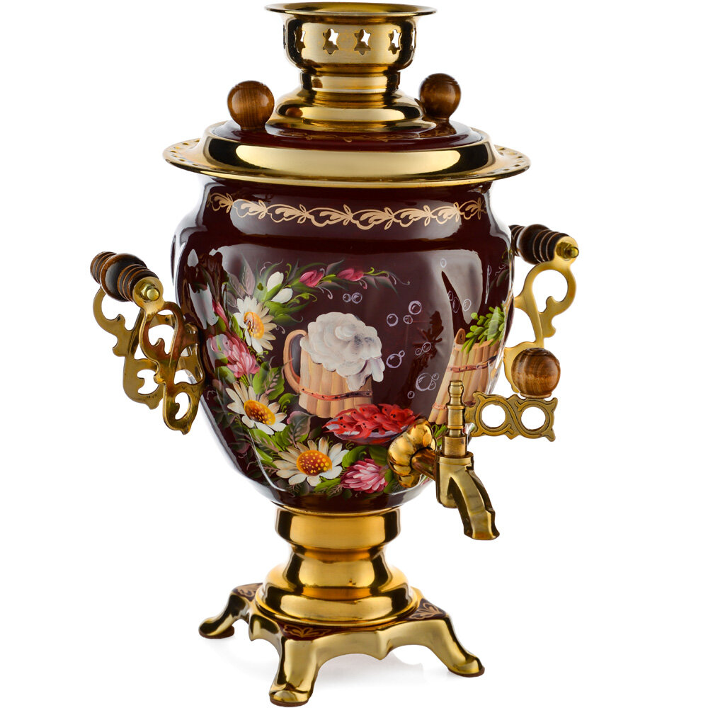 Самовар электрический 3 литра с художественной росписью «Баня» формы «Жёлудь»