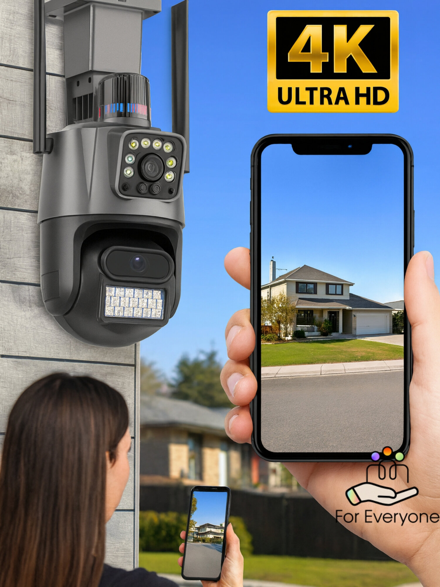 Уличная камера видеонаблюдения с двумя объективами 2 камеры с мигалкой и сиреной Wi-Fi PTZ 4K 8MP