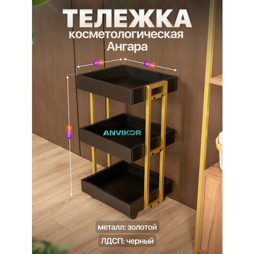 фото Тележка косметологическая трехъярусная с бортиками на колесиках лофт ангара золотой/черный anvikor
