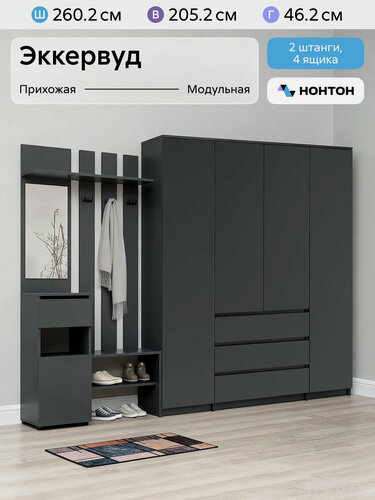 Изображение товара Стенка в прихожую Нонтон Эккервуд Спейс, 260x46x205 см, 2 модуля, графит серый