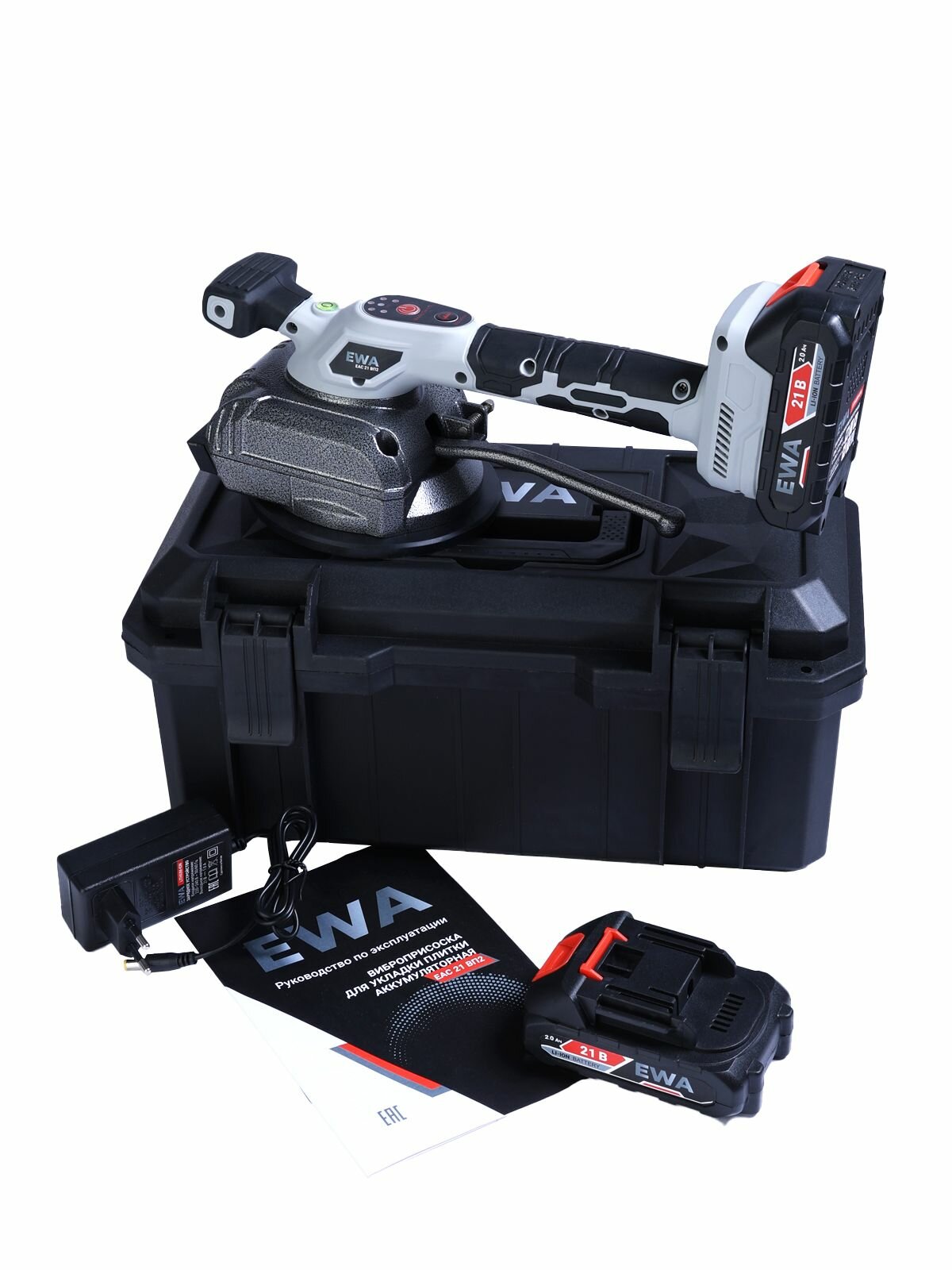 Виброприсоска для укладки плитки аккумуляторная Li-ion EWA ЕАС 21 ВП2, 21 В, 2 Ач, 130 мм, до 80 кг, 3000-15000 об/мин, 6-ступенчатая. В комплекте: АКБ*2 шт, ЗУ, кейс