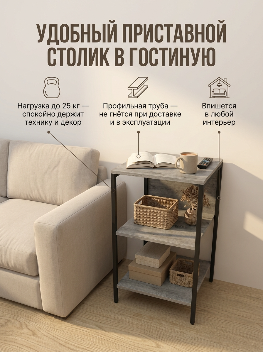 Этажерка SAMADA стеллаж напольный деревянный 45х75х45 см, 3 яруса, мебель в стиле лофт для дома, гостиной и прихожей