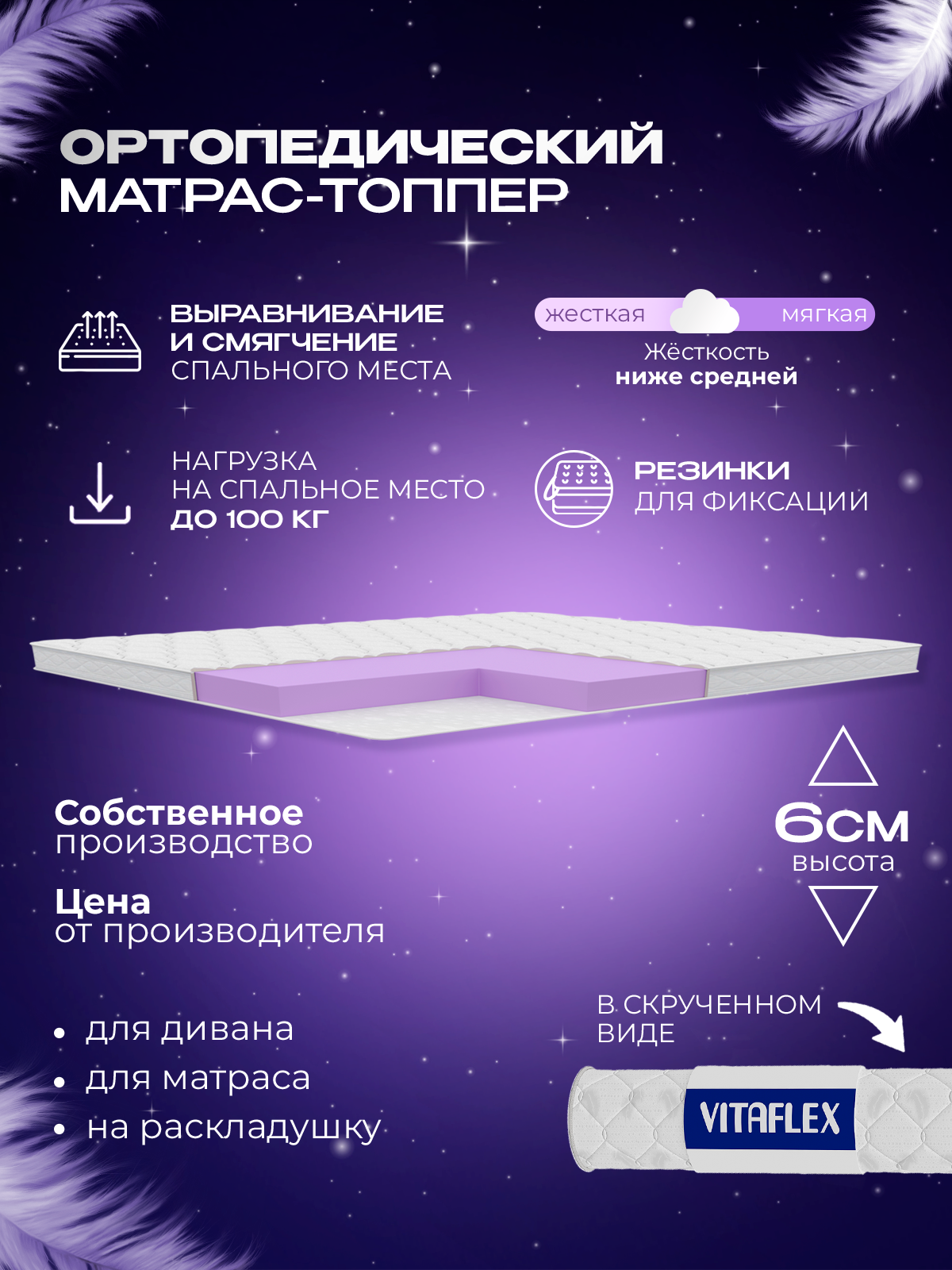 Топпер матрас 130х195 Vitaflex Soft Tricot 5x4Sk 2 канта, ортопедический, с резинками по углам, на матрас или диван