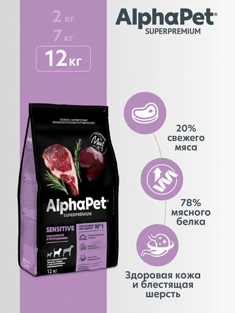 AlphaPet Superpremium Сухой корм для собак средних пород с чувствительным пищеварением, с бараниной и потрошками - 12 кг