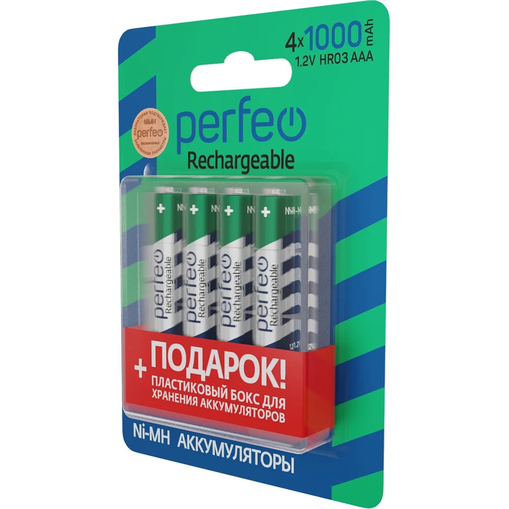 Perfeo Ni-Mh аккумуляторы HR03 AAA 1000mAh на блистере с подарочным боксом, 4шт, 1.2V — фото 1