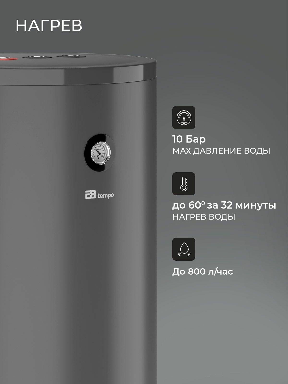 Бойлер косвенного нагрева ETS-200L с баком из нержавеющей стали дюплекс со встроенным титановым ТЭНом 3 кВт, корпус графитового цвета — фото 1