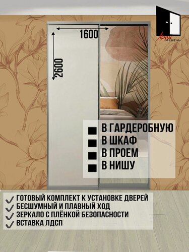 Изображение товара Двери для гардеробных и шкафов купе, ЛДСП + зеркало , в проём 2600х1600мм. Комплект 2шт.