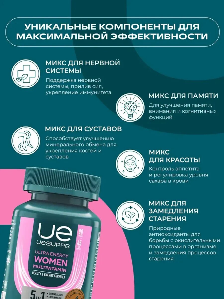 Изображение БАДы комплекс Витамины для женщин халяль 90 таблеток UESUPPS Ultra Energy, для иммунитета взрослым, витамин д