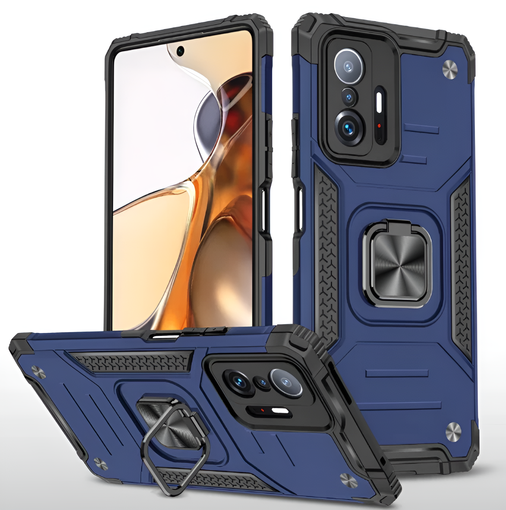 Противоударный чехол для Xiaomi 11T, 11T Pro синий с пластиной для магнитного автодержателя и кольцом подставкой
