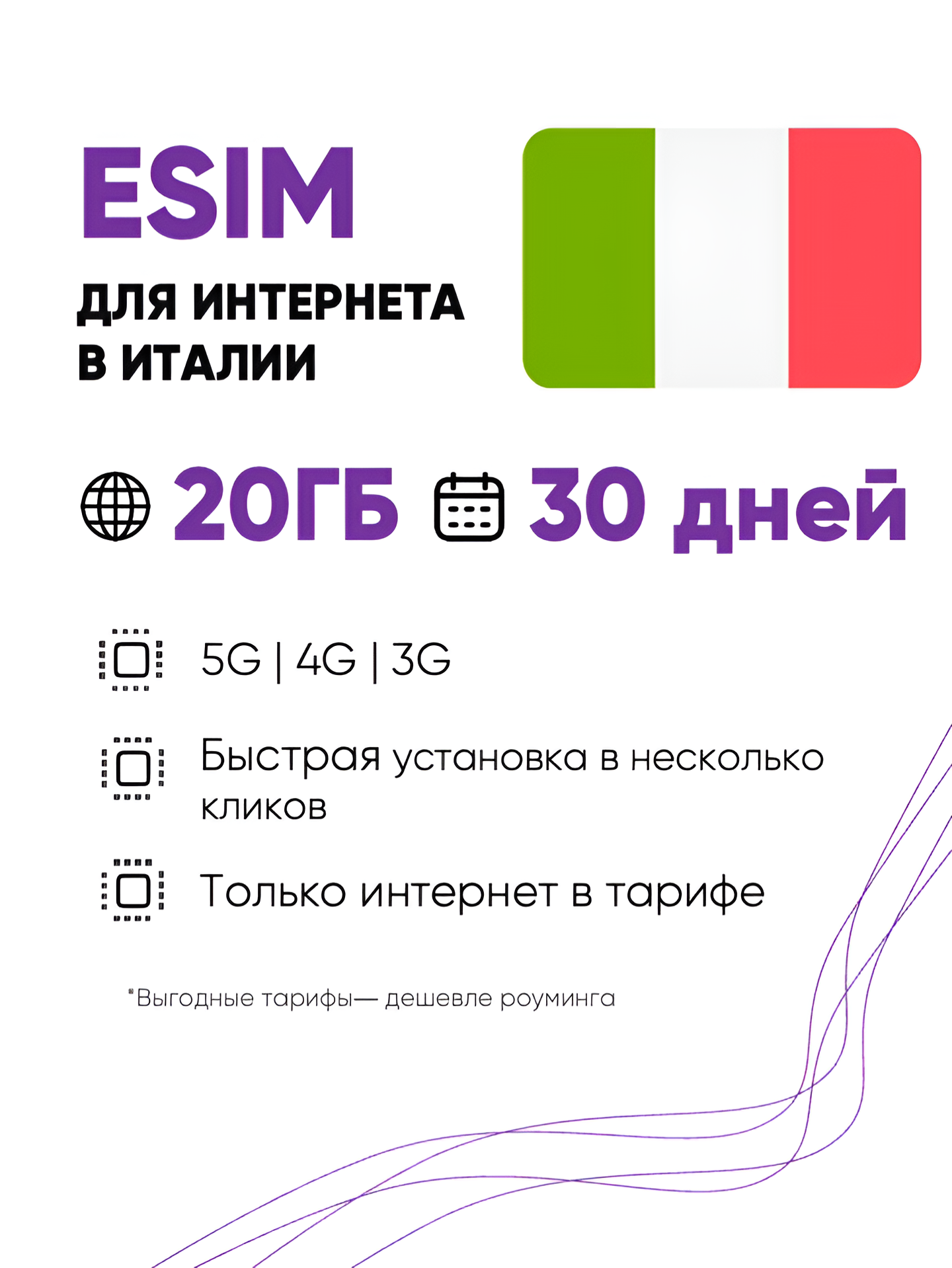 ESIM для интернета в Италии 20 ГБ на 30 дней. Виртуальная сим-карта для Италии