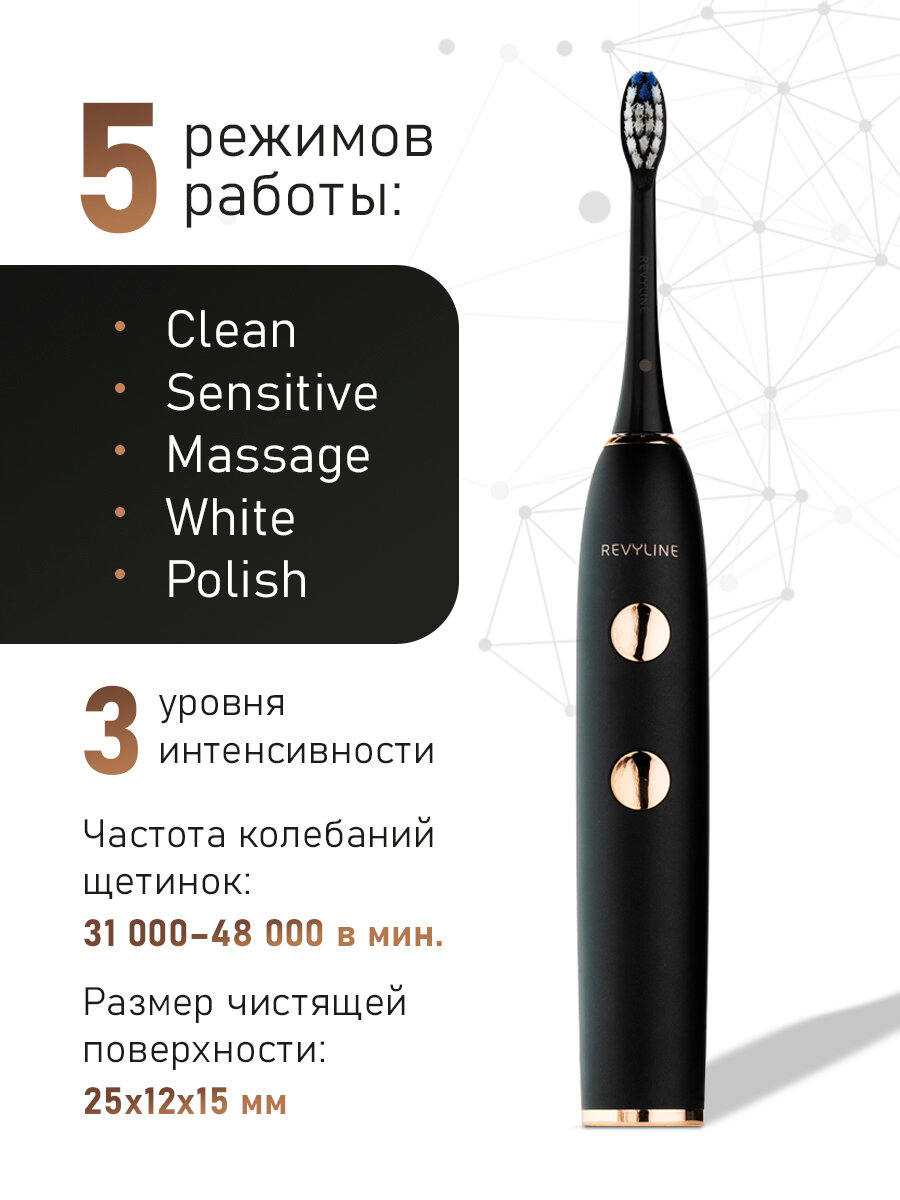 Электрическая зубная щетка Revyline RL 085 звуковая, черная, с датчиком давления, взрослая, для зубов, для имплантов — фото 1