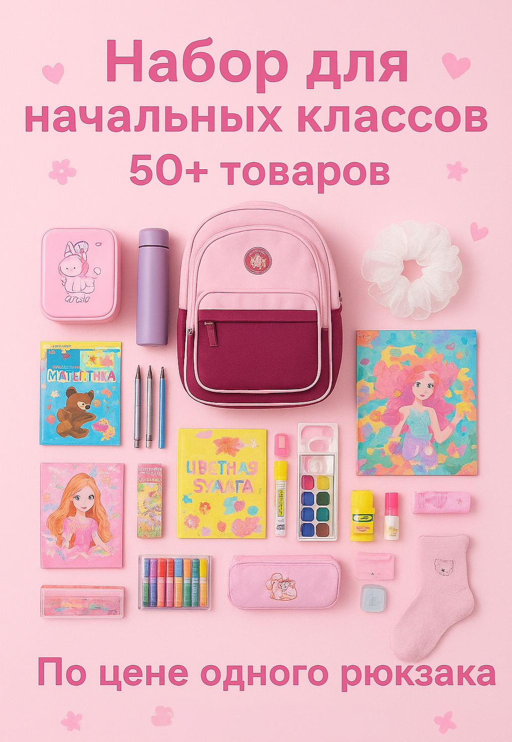 Полный набор для начальных классов для школы по цене одного рюкзака! В наборе более 50 товаров. Для девочек