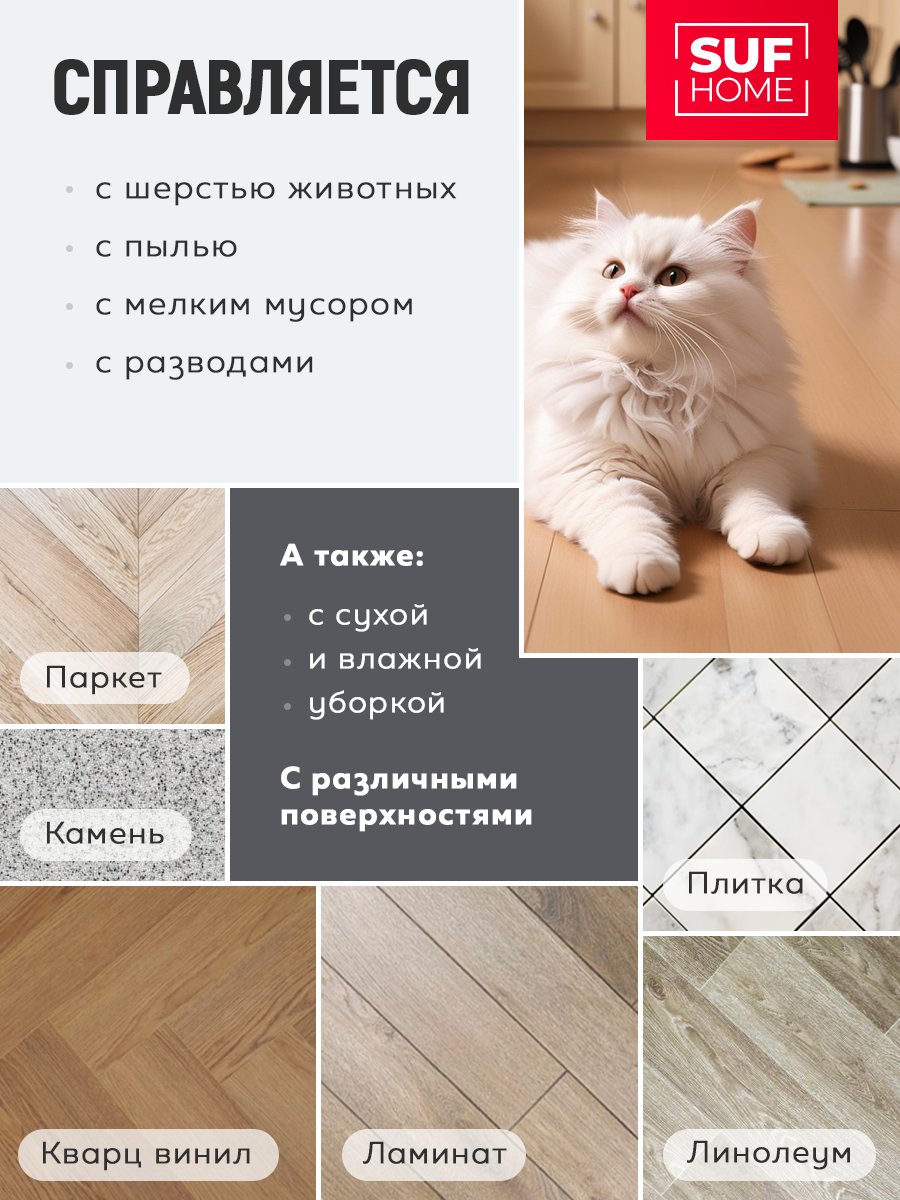 Швабра с отжимом и ведром Suf Home белая 8 литров с 2 насадками, умная швабра — фото 1
