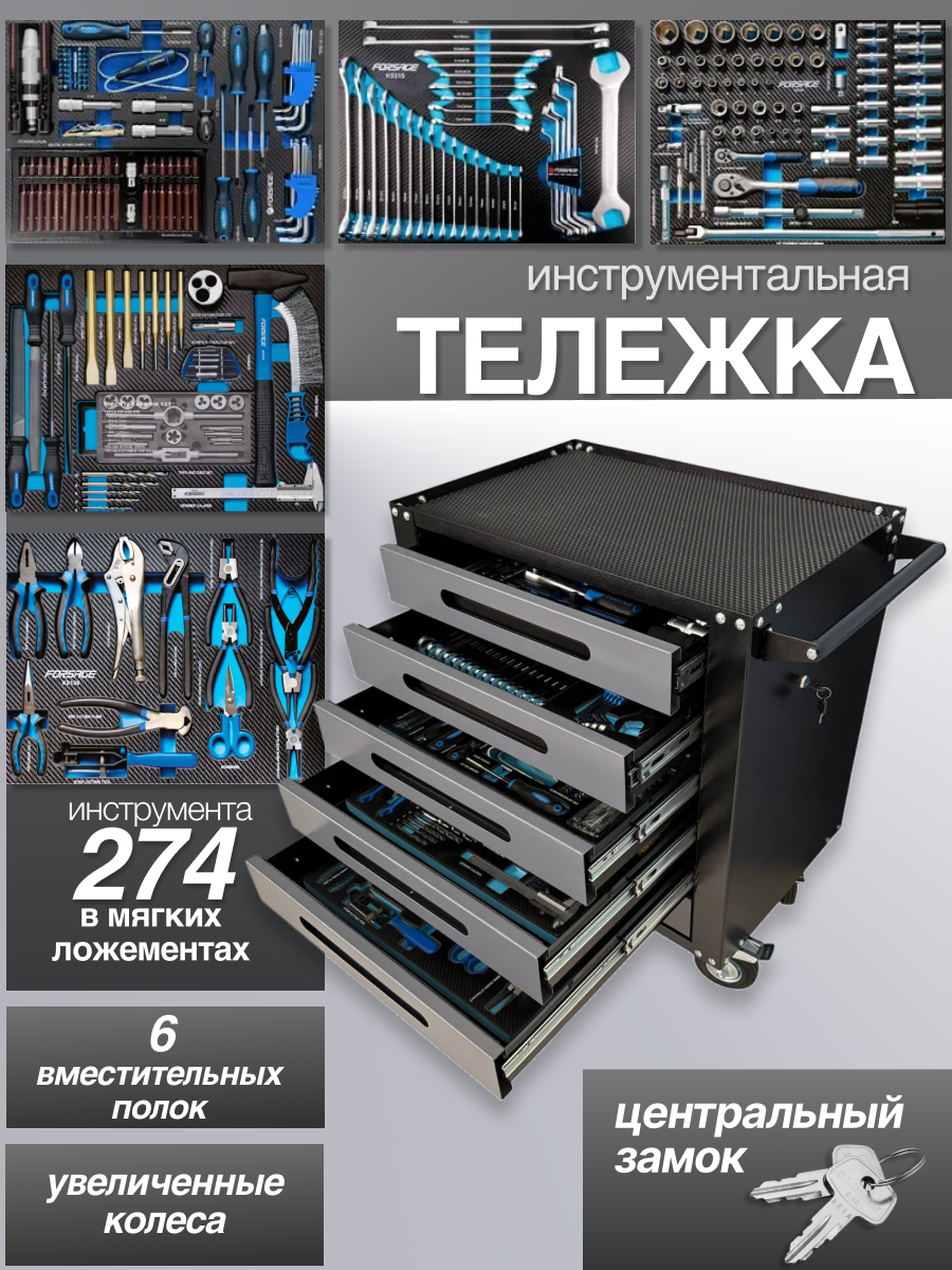 Тележка инструментальная с замком и набором инструментов Forsage 274 предмета в Мягких ложементах