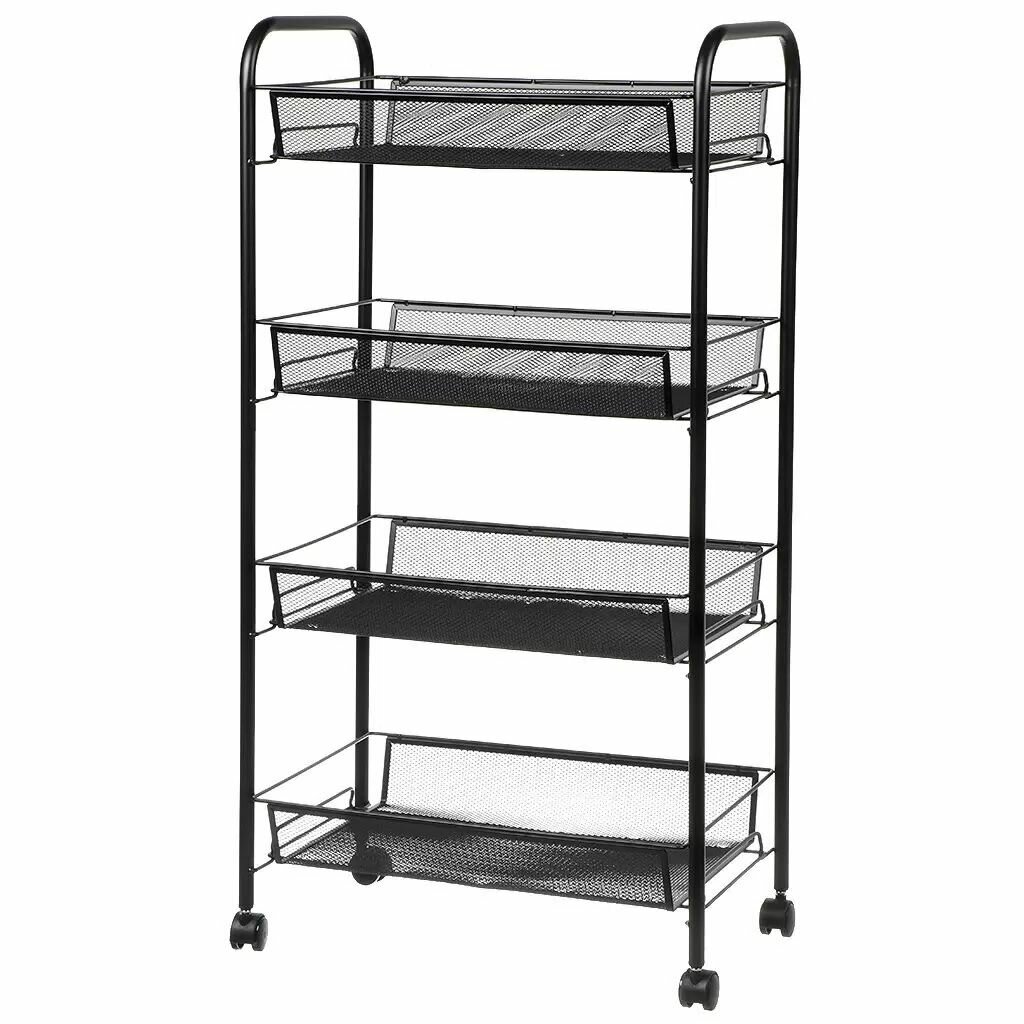 Этажерка КНР универсальная сталь 4 секции 425х26х835 см на колесах с мелкосетчатыми корзинами черная
