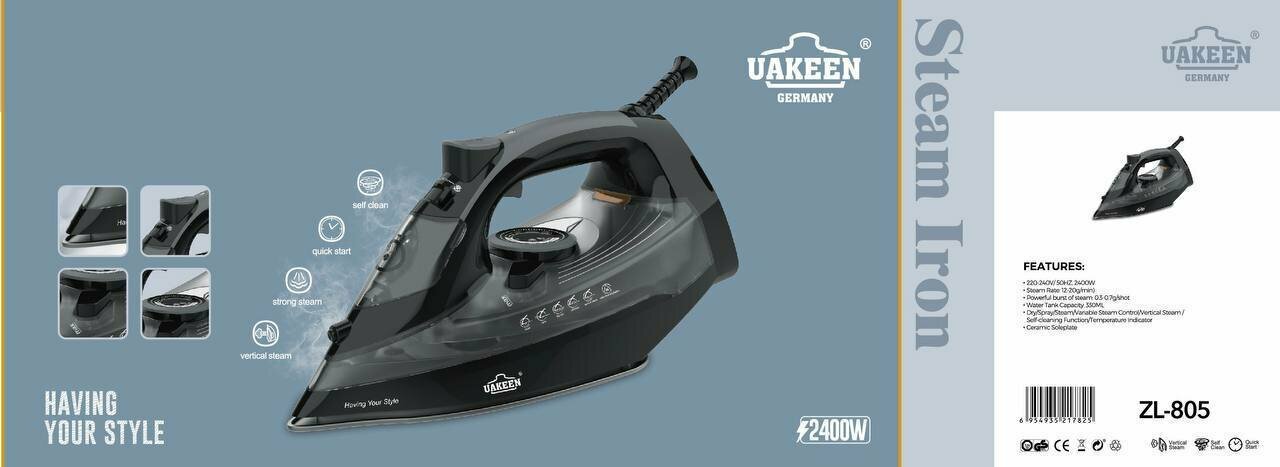 Утюг UAKEEN ZL-805, 2400Вт, керамическая подошва, вертикальное отпаривание,
