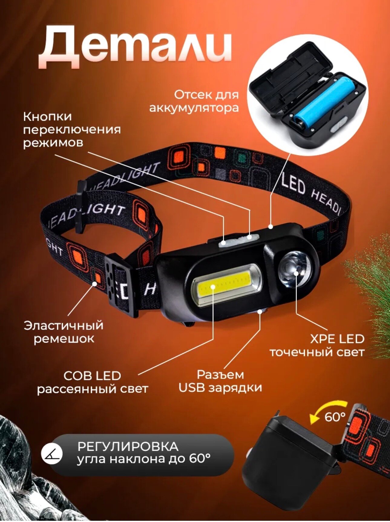 Налобный светодиодный фонарь с регулировкой угла свечения cо встроенным аккумулятором и зарядом от USB, 3 режима работы — фото 1