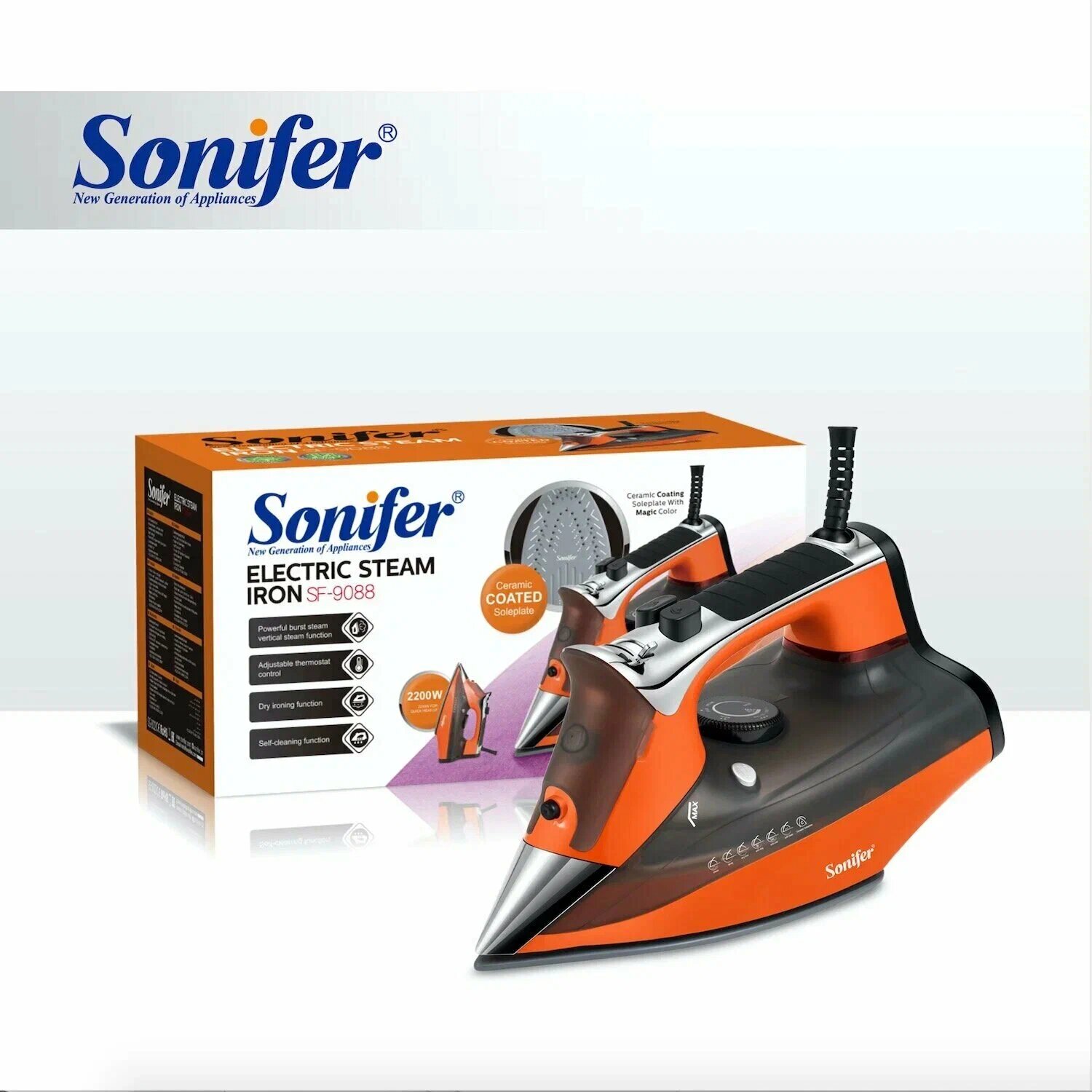 Утюг электрический SONIFER SF-9088 гладить одежду , металлокерамическая подошва, мощность 2200Вт, красный