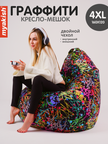 Изображение товара Кресло-мешок Myakish "Граффити", искусственный велюр, темно-серое, 4XL, 150кг