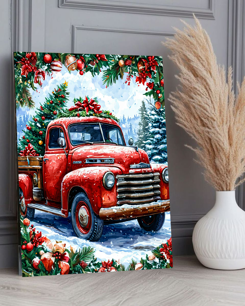 Картина на стену для интерьера 40х50 см "Новогодний автомобиль" холст на подрамнике, InterHobby