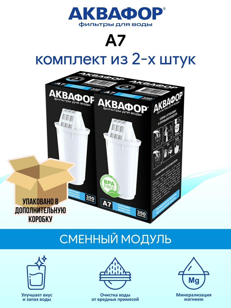 Сменный модуль Аквафор A7 (А7), комплект из 2шт, для кувшинов — фото 1