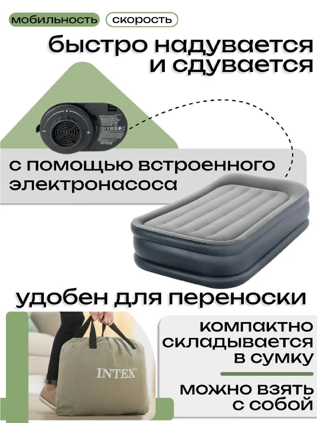 Надувной матрас, со встроенным USB-насосом, 191х99х42 см. — фото 1