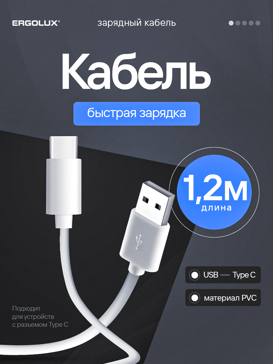 Кабель для зарядки ERGOLUX ELX-CDC02-C01, USB-Type C, длина 1.2 м, белый