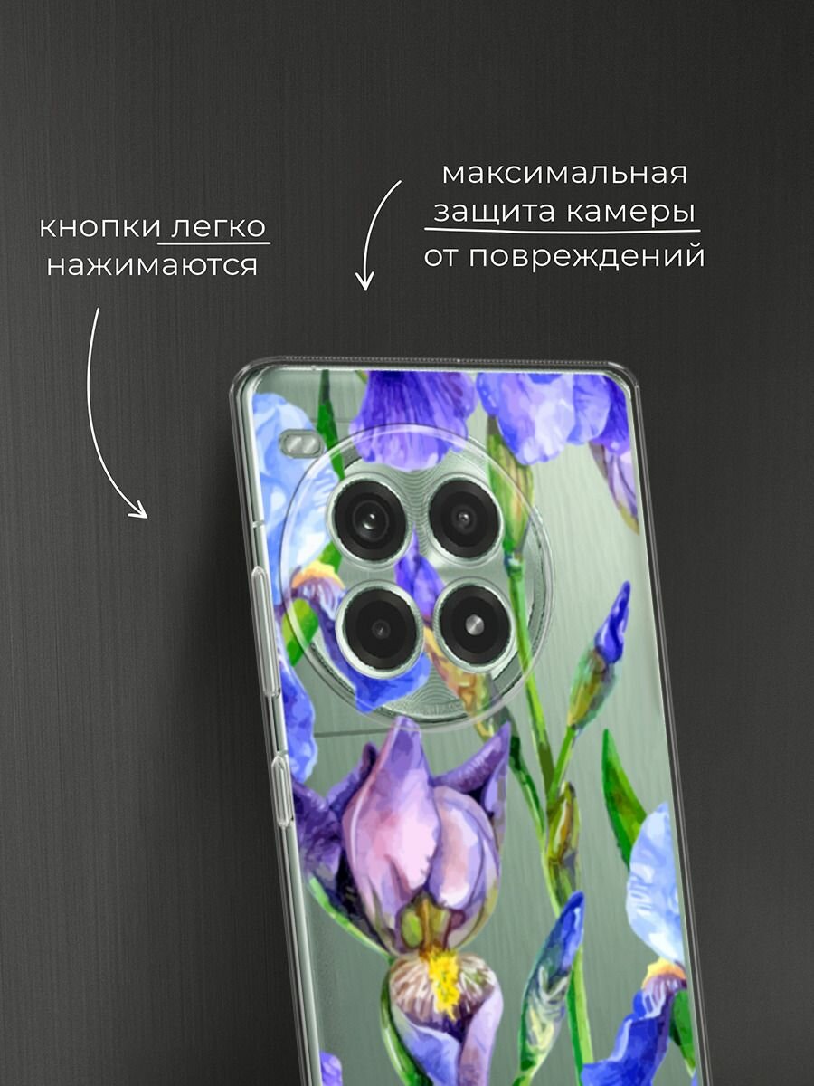 Чехол на OnePlus Ace 3 Pro / Ван Плас Эйс 3 Про с принтом "Синие ирисы", прозрачный — фото 1