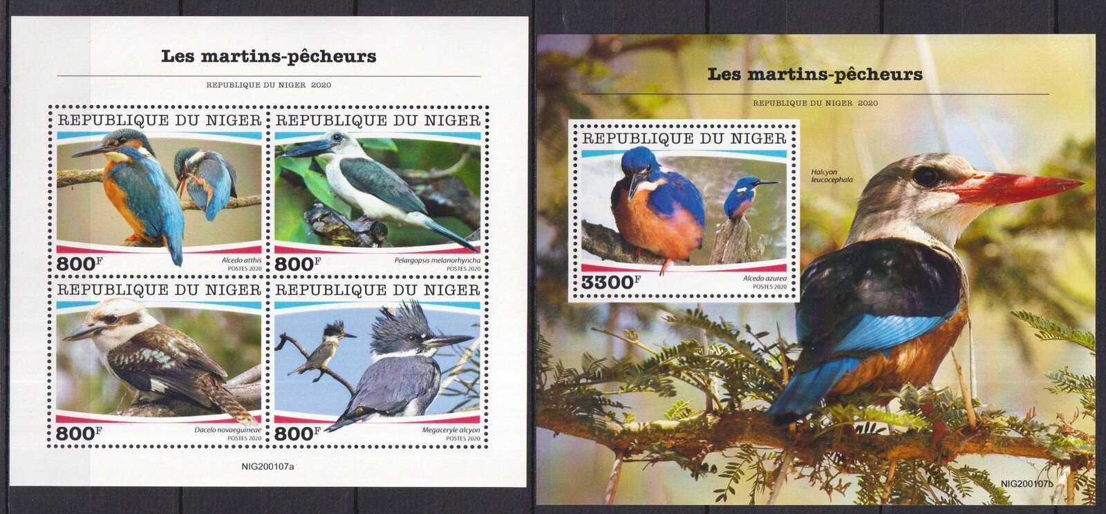 Марки 2020 год Нигер Зимородки Птицы Фауна #7136-7139+Bl1121 Mnh