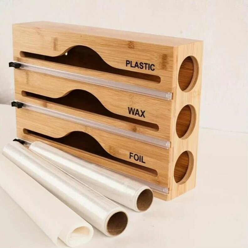 фото Держатель диспенсер кухонный 3в1 для фольги, пергамента и пищевой пленки из бамбука с резаком