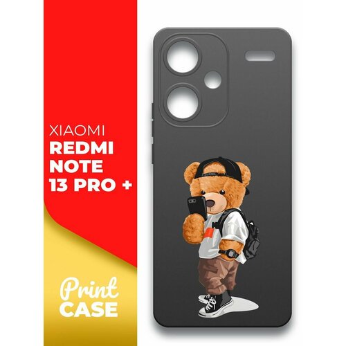 Чехол на Xiaomi Redmi Note 13 Pro+ (Ксиоми Редми Ноте 13 Про+) черный матовый силиконовый с защитой вокруг камер, Miuko (принт) Мишка Смартфон чехол на xiaomi redmi note 13 pro ксиоми редми ноте 13 про черный матовый силиконовый с защитой вокруг камер miuko принт розовые розы