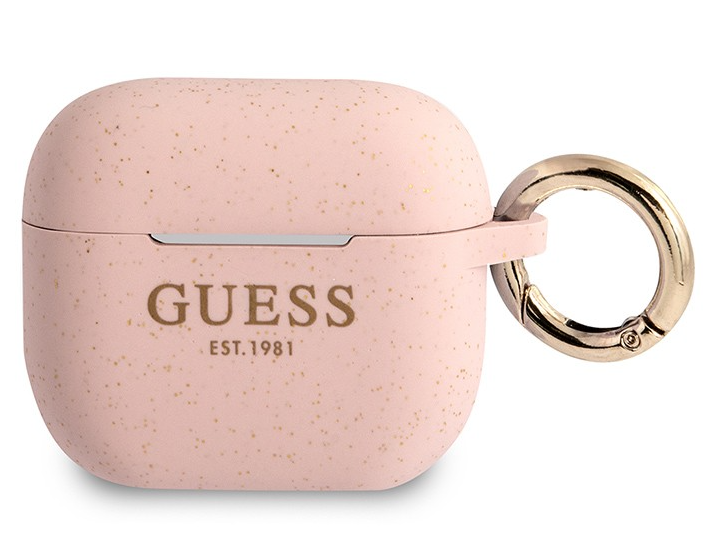 Чехол Guess Silicone Glitter с кольцом для Airpods 3, розовый