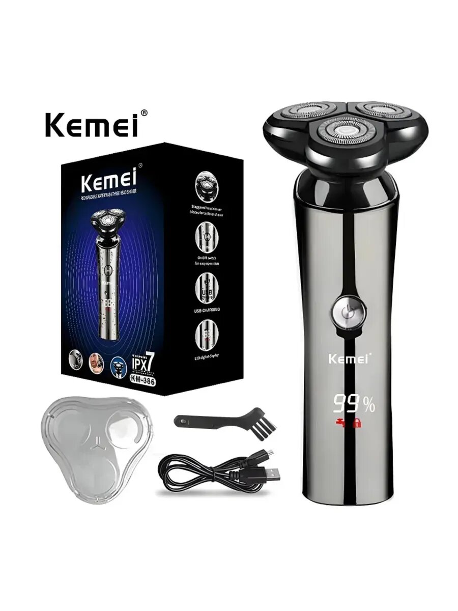 Электробритва Kemei, KM-386, 3D головка, влажная и сухая, цвет черный