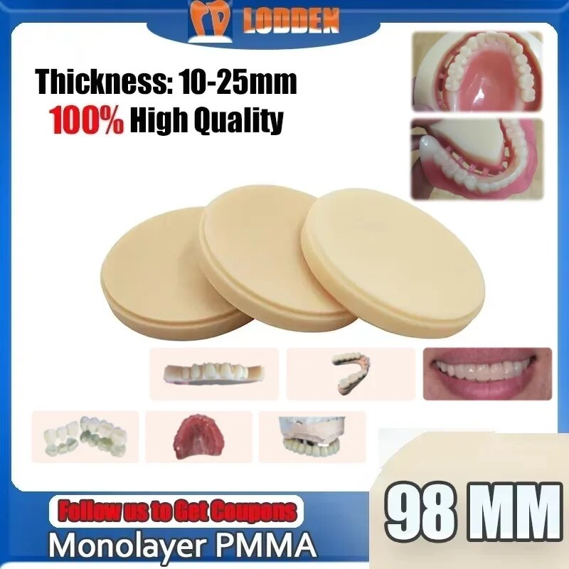 LODDEN Dental PMMA однослойный 98 мм для производства стоматологических лабораторий, мосты для стоматологических коронок, материал для стоматологической модели, монохромный полимерный диск, 98x20mm A2