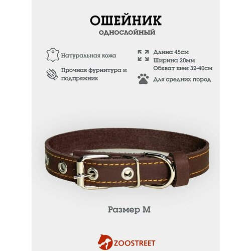 Ошейник для собак мелких пород кожаный, однослойный, 20мм, 45см, с подпряжником M