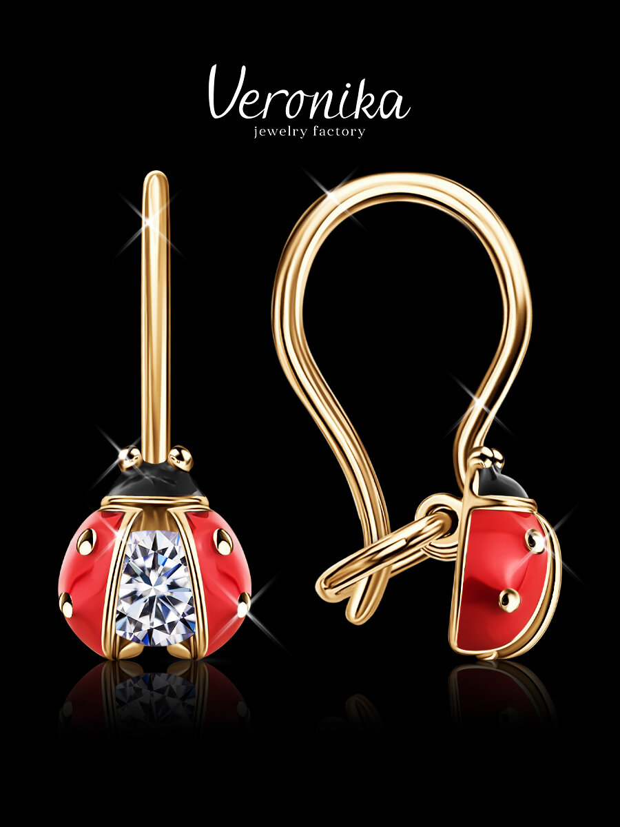 Серьги Veronika, серебро, 925 проба, золочение, фианит, эмаль, , желтый/красный