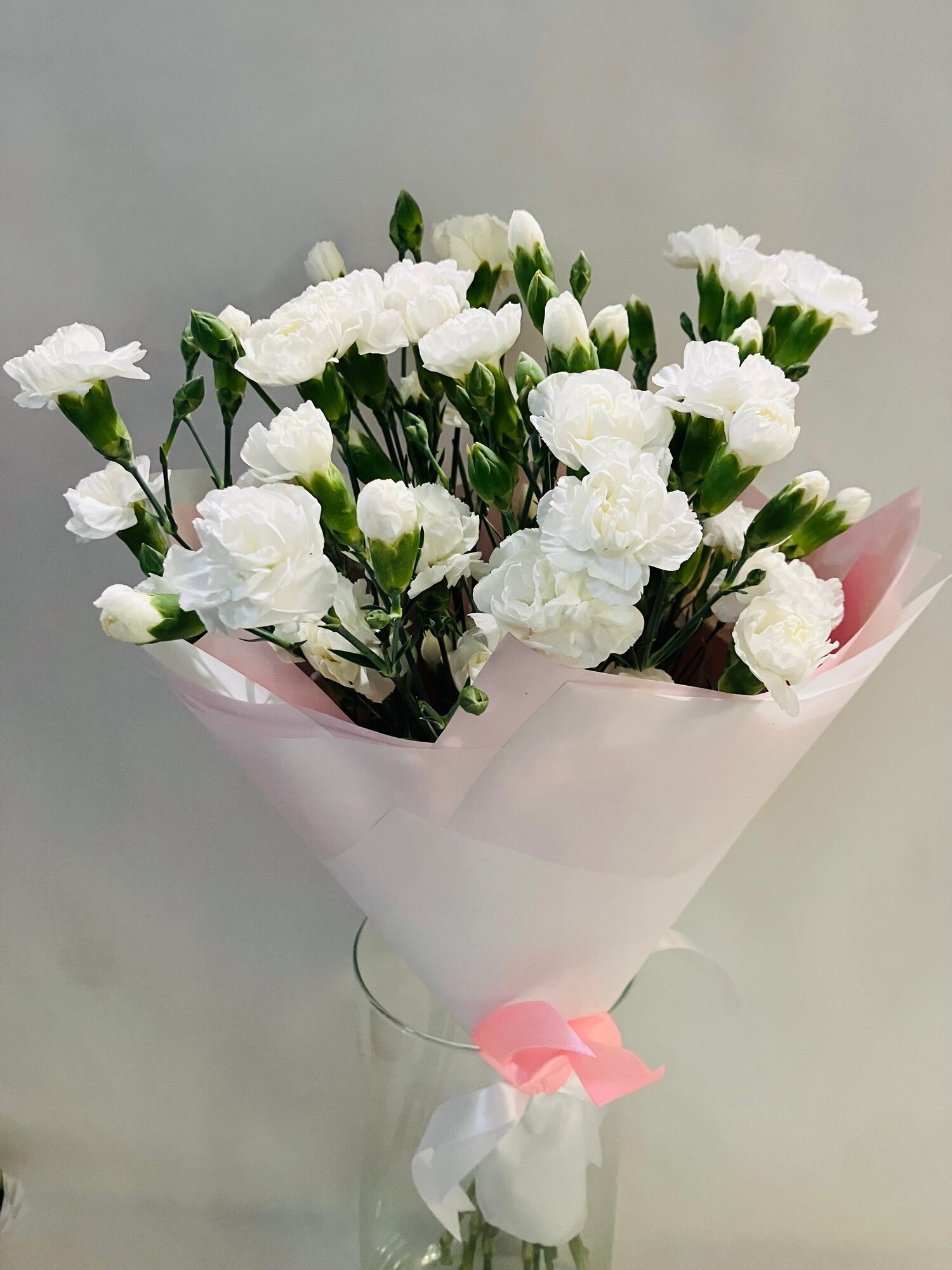 Букет из 11 белых свежих  кустовых гвоздик 55 см+ в дизайнерской упаковке атласный бант.