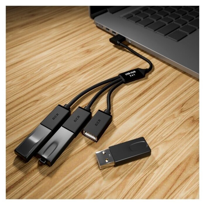 GCR USB Hub на 3 порта, 0.35m, гибкий, двусторонний угловой AM / 3 х AF, черный