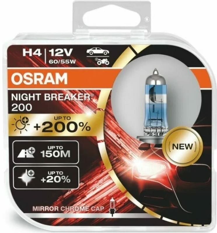 OSRAM автолампа H4 60/55 P43t+200% NIGHT BREAKER 200 4050К 12V 64193NB200-HCB