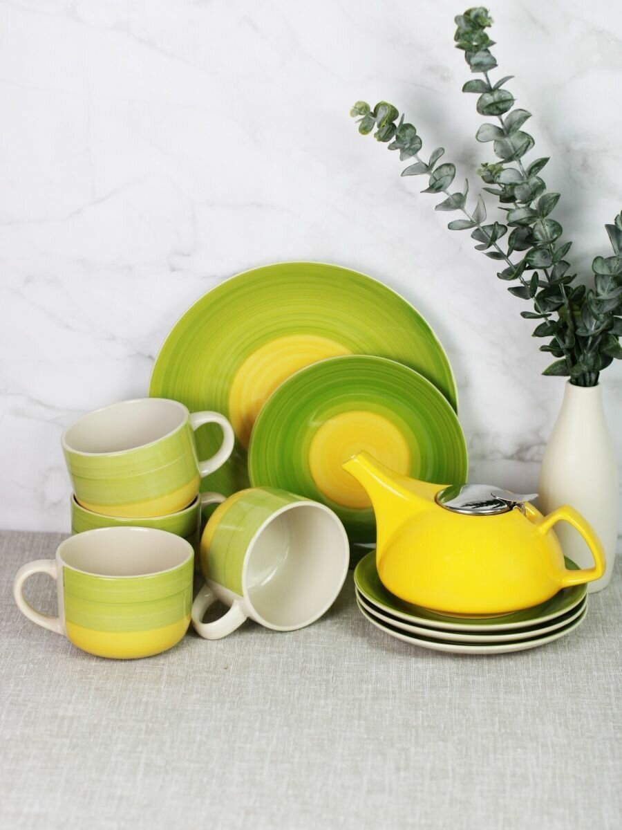 Чайный сервиз на 4 персоны с чайником набор посуды керамика - фотография № 1