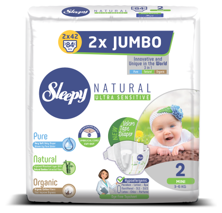 Sleepy подгузники Natural Ultra Sensitive 2 (3-6 кг), 84 шт, белый