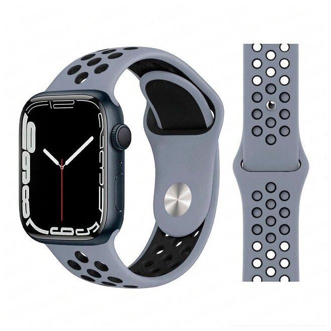 Ремешок силиконовый перфорированный Sport NK для Apple Watch 38/40/41 мм 225мм на кнопке сине-серый+черный (37)