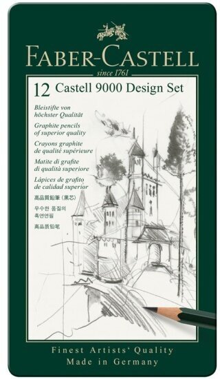 Набор чернографитных карандашей Faber-castell "Castell 9000 Design Set", 12 шт, 5H-5B, заточен, метал. кор.