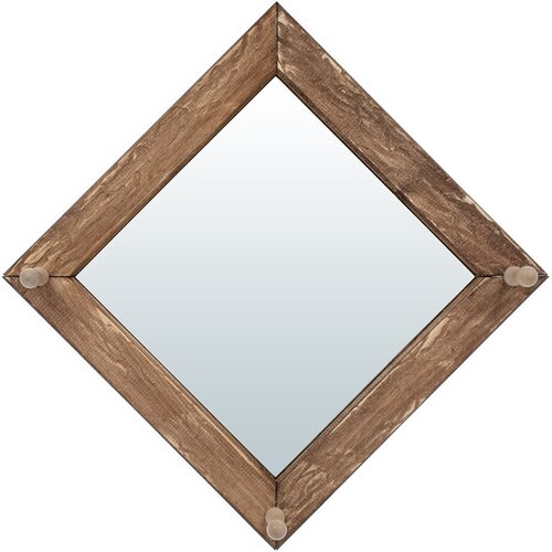 Зеркало с вешалкой, 3 рожка, состаренное /для бани/сауны/деревянное/с крючками 30х30 см, липа Класса Б 
