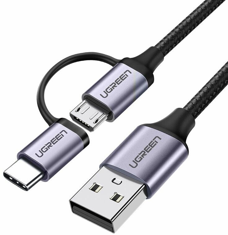 Кабель UGREEN US177 (30875) USB-A to Micro USB + USB Type-C Cable. Длина: 1 м. Цвет: черный