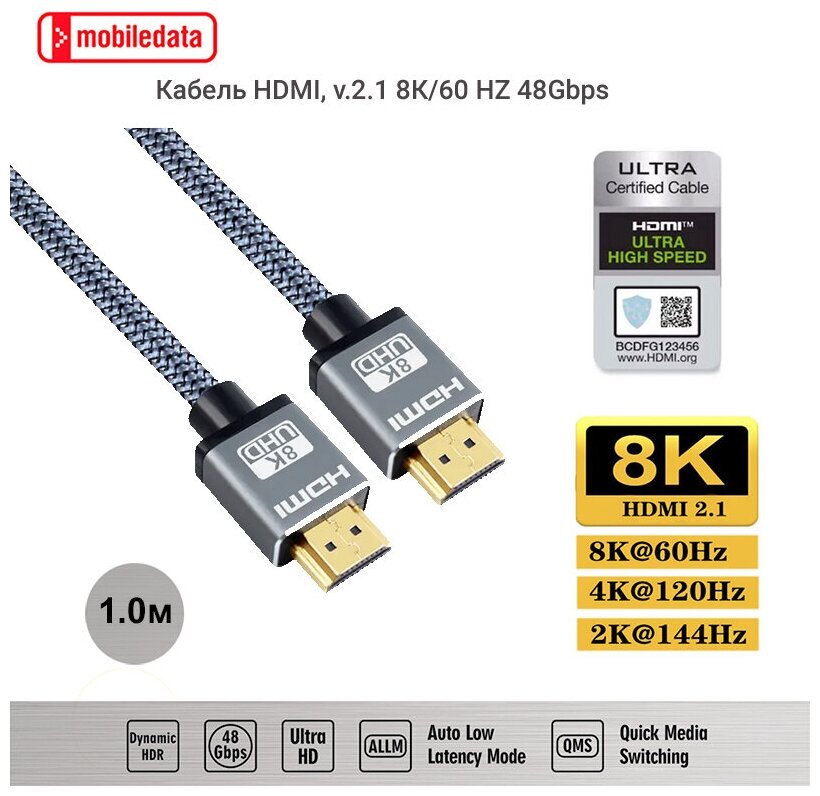 Кабель HDMI v.2.1 8К, HDR в серой нейлоновой оплётке, 1.0 м, Mobiledata
