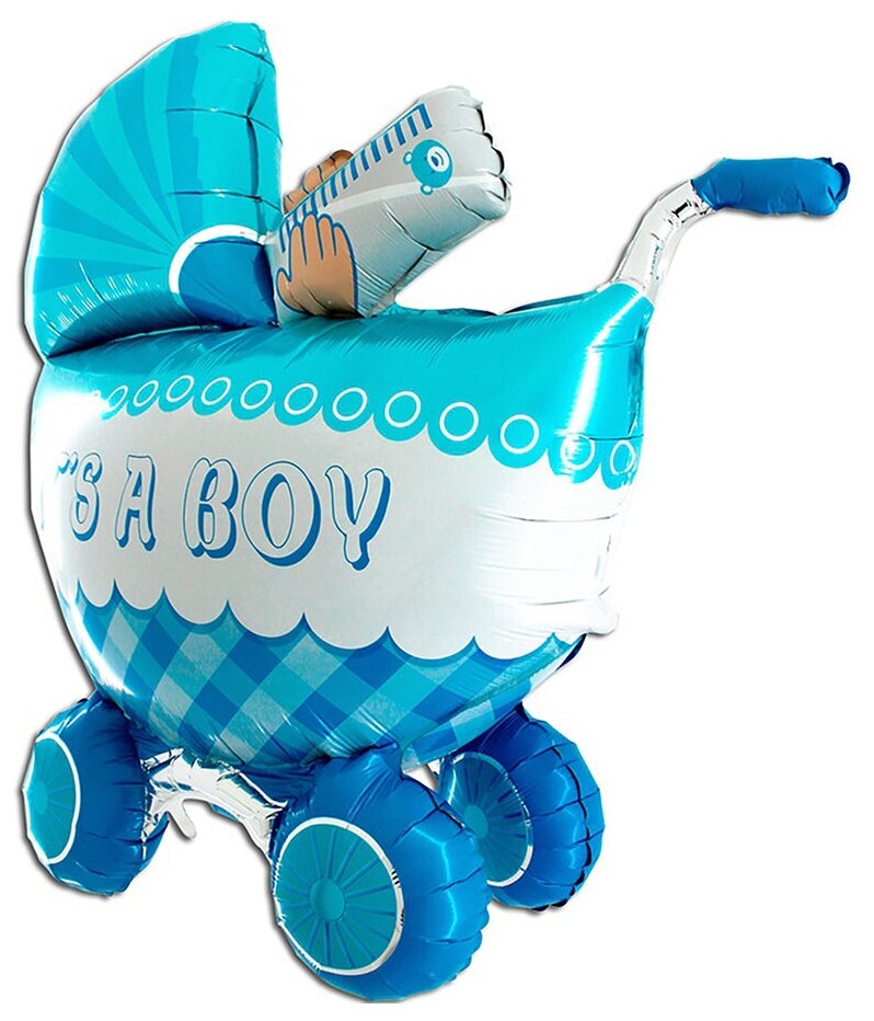 Воздушный ходячий шар фольгированный Grabo фигурный, Коляска голубая, 107 см